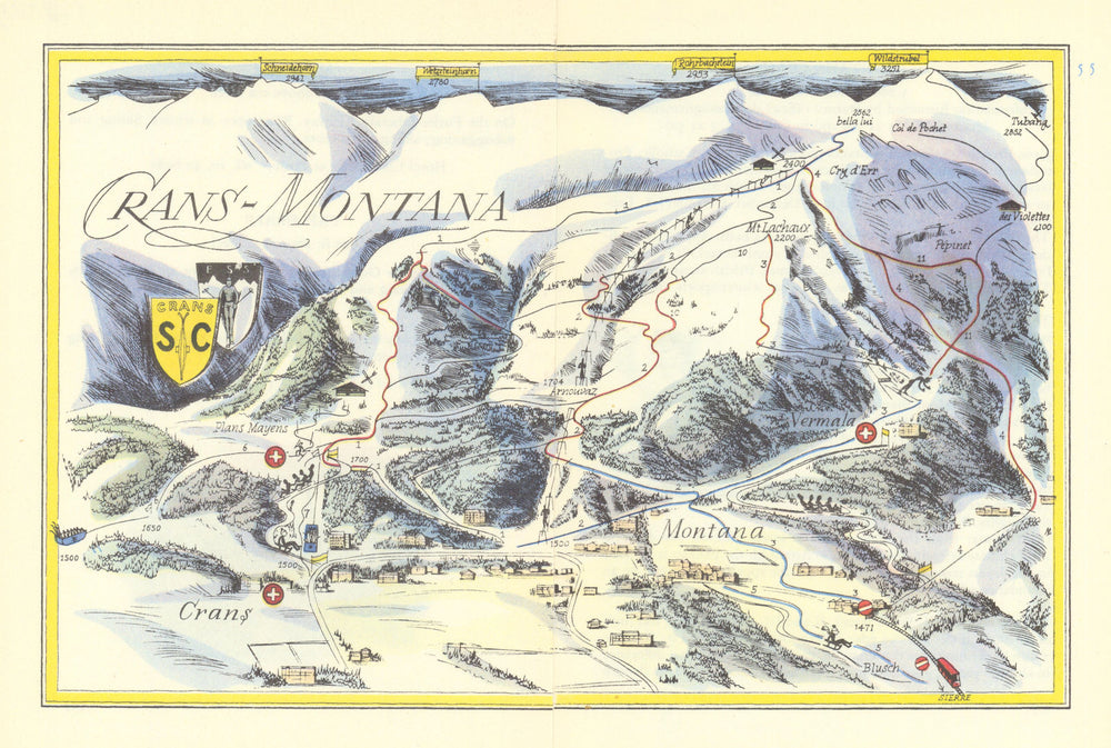 Crans-Montana ski resort piste/trail map by Otto Müller. Switzerland 1949