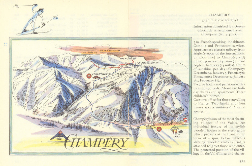 Champéry ski resort piste/trail map by Otto Müller. Portes du Soleil 1949