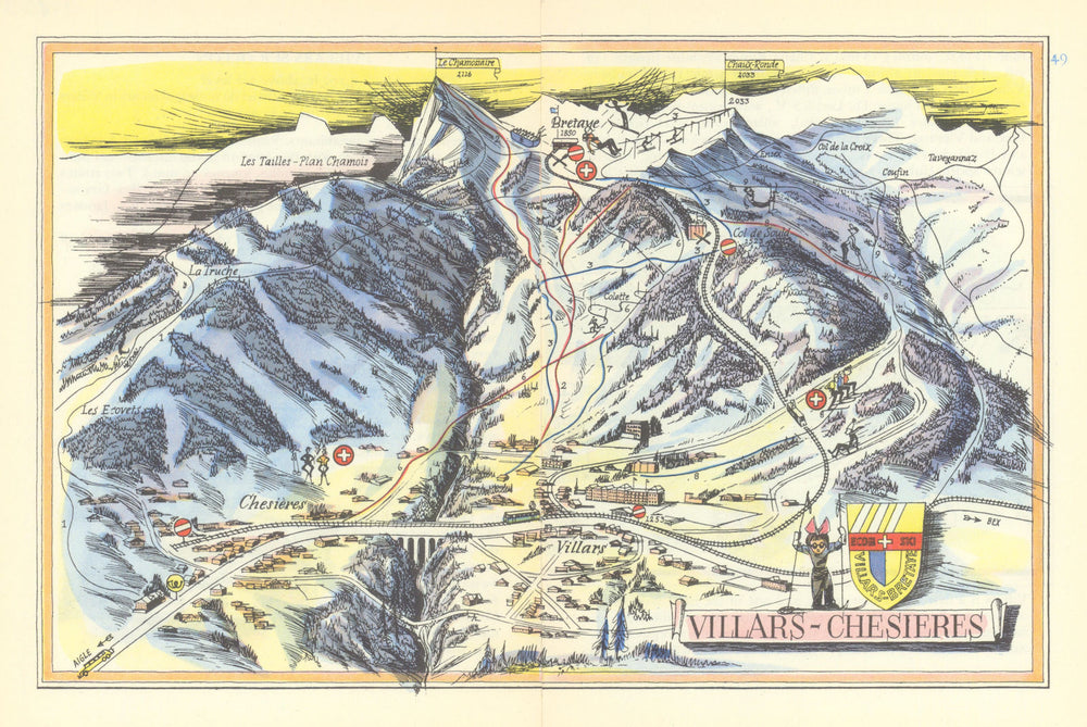 Villars-Chesières ski resort piste/trail map by Otto Müller 1949 old