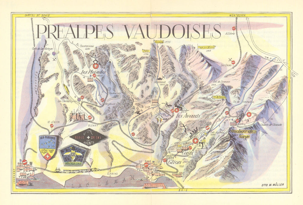 Prealpes Vaudoises ski resort piste/trail map. Avants Caux Montreux 1949