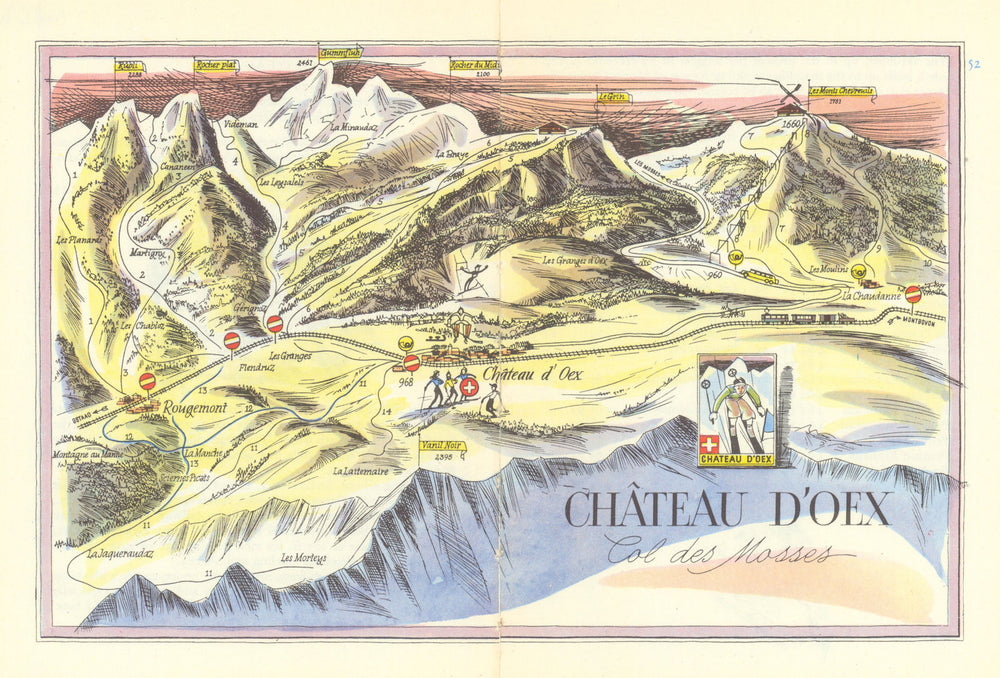 Chateau d'Oex-Rougement ski resort piste/trail map by Otto Müller 1949 old