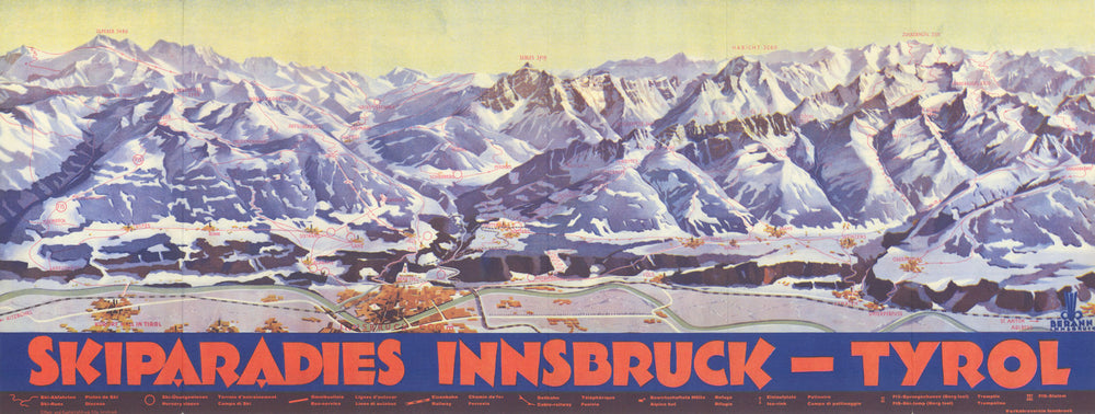Skiparadies Innsbruck-Tyrol. Ski panorama piste/trail map. Heinrich Berann c1933