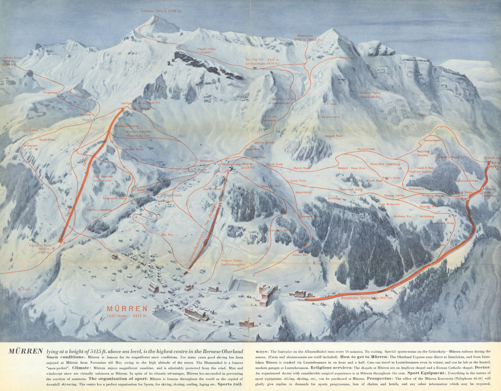 Mürren ski resort panorama & piste/trail map. Berner Oberland. Switzerland 1938
