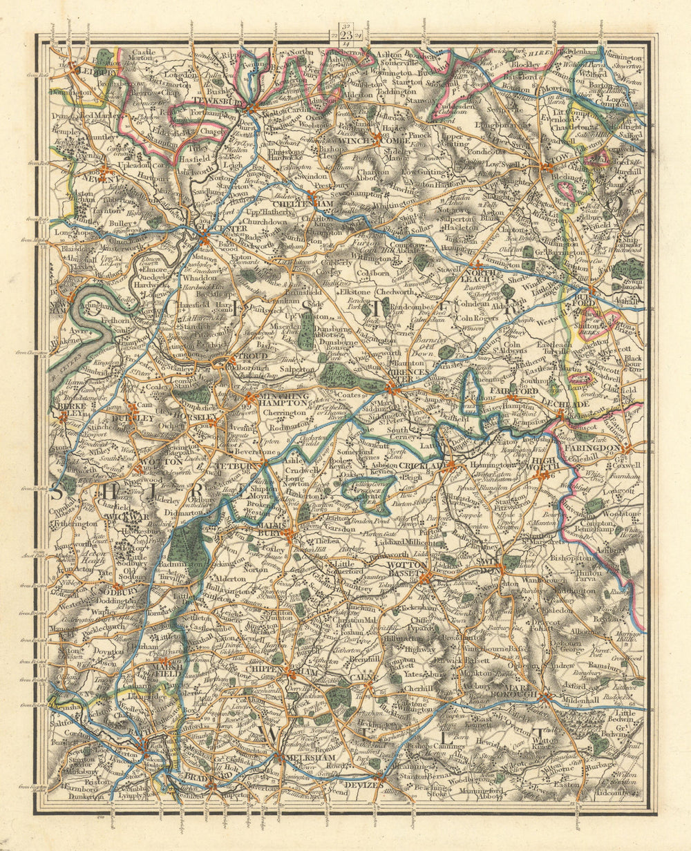 COTSWOLDS. Gloucester Cirencester Swindon Cheltenham Bath Stroud. CARY 1824 map