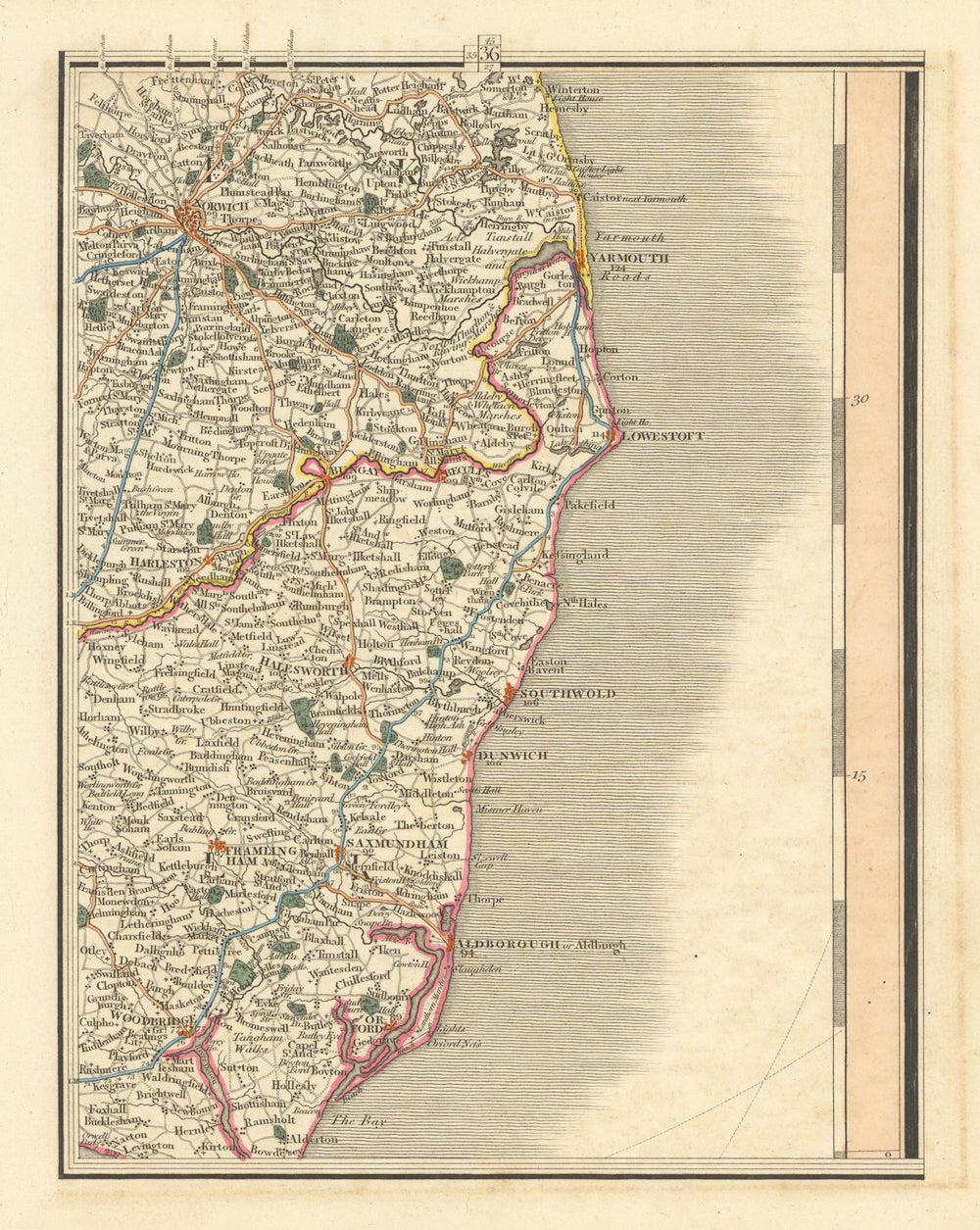 NORFOLK BROADS & SUFFOLK COAST. Norwich Great Yarmouth Lowestoft. CARY 1824 map