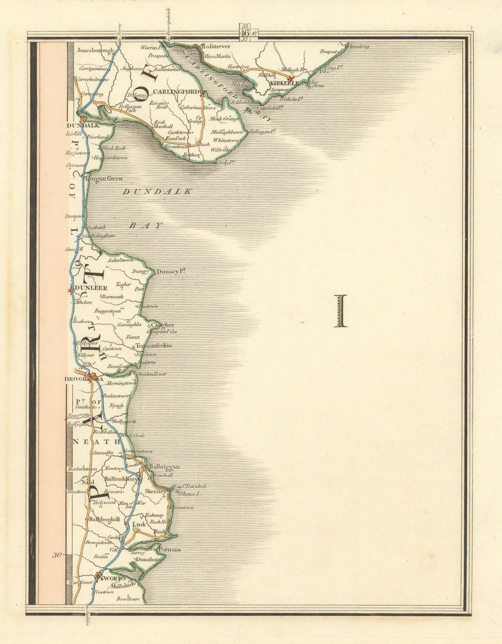 IRELAND EAST COAST. Newry, Carlingford, Drogheda. CARY 1824 old antique map