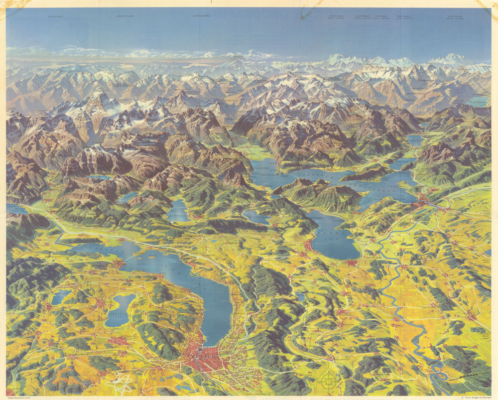 Zürich-Luzern-Zentralschweiz. Switzerland panoramic tourist map. Berann 1971