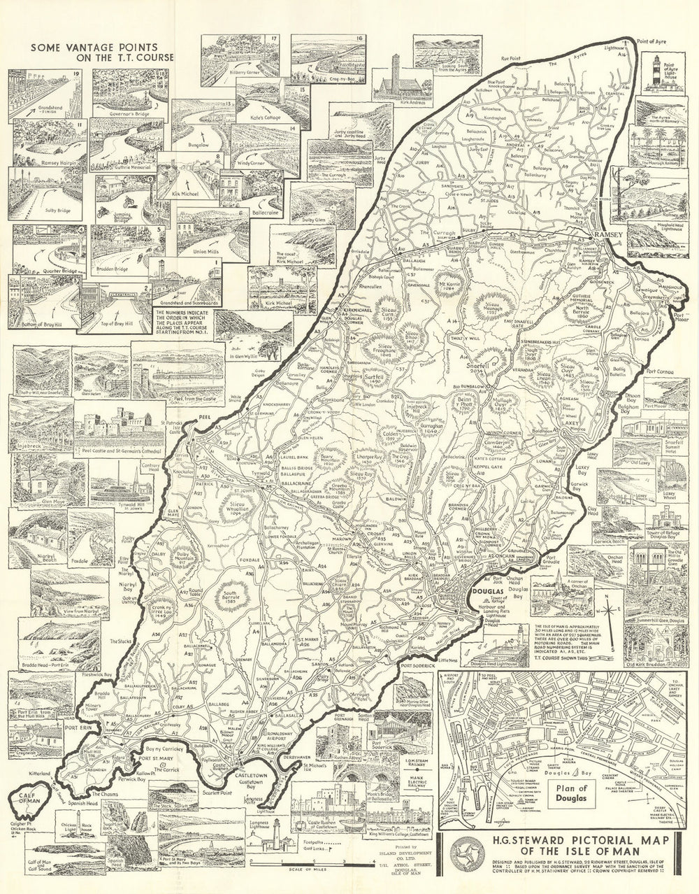 H.G. Steward Isle of Man Pictorial Map showing TT Course & vantage points c1960