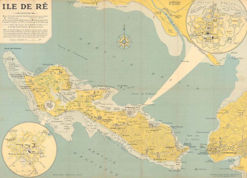 Carte Touristique de l'Ile de Ré. St. Martin plan. Vintage tourist map c1955