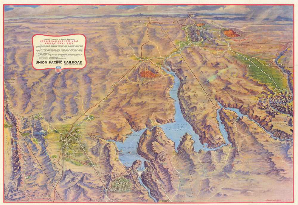 Las Vegas Hoover Dam & Lake Mead panoramic map. Bryce/Grand Canyon. Zion NP 1948