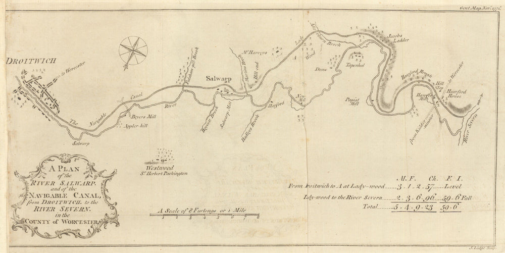 A Plan of the River Salwarpe & Droitwich Canal. LODGE 1771 old antique map