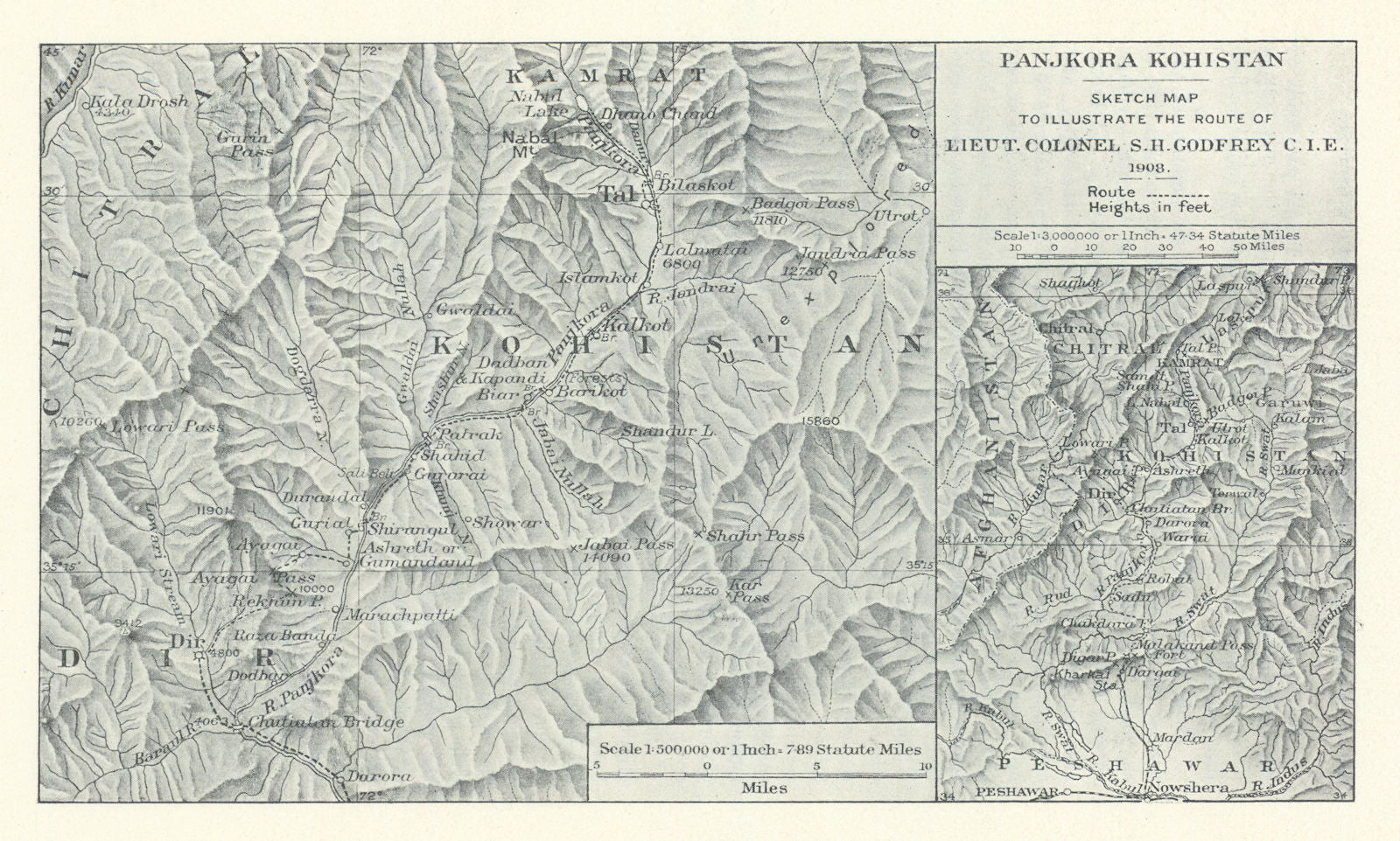 Panjkora Kohistan. Lt. Col. S.H. Godfrey's 1908 route. Pakistan. RGS ...