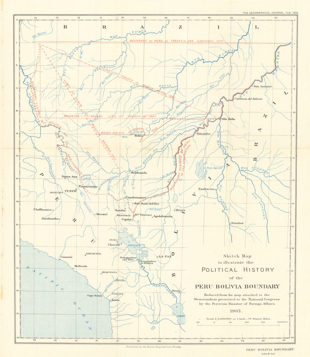 Political history of the Peru-Bolivia Boundary. RGS/Col. T.H. Holdich 1916 map