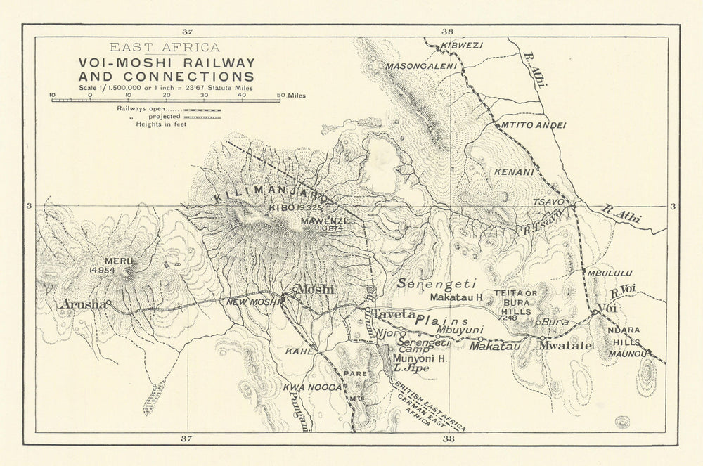 East Africa. Voi to Moshi railway & connections. Tanzania Kenya. RGS 1916 map