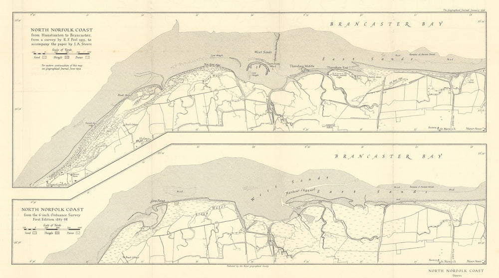 North Norfolk Coast. Hunstanton-Brancaster. Peel 1935 & OS 1883-88. RGS 1936 map