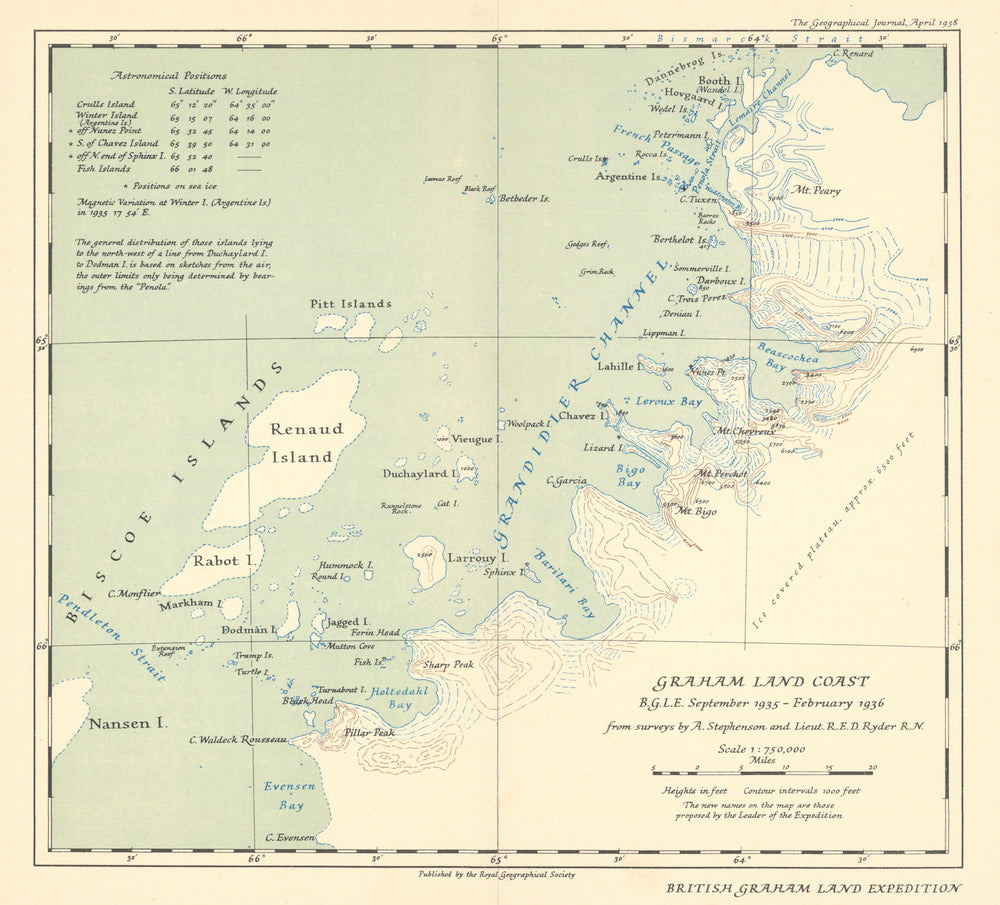 British Graham Land Expedition 1935/6 Coast survey RGS/Stephenson/Ryder 1938 map