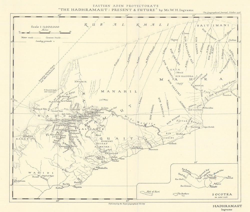 Eastern Aden Protectorate. Hadhramaut. Yemen. RGS/William H. Ingrams 1938 map