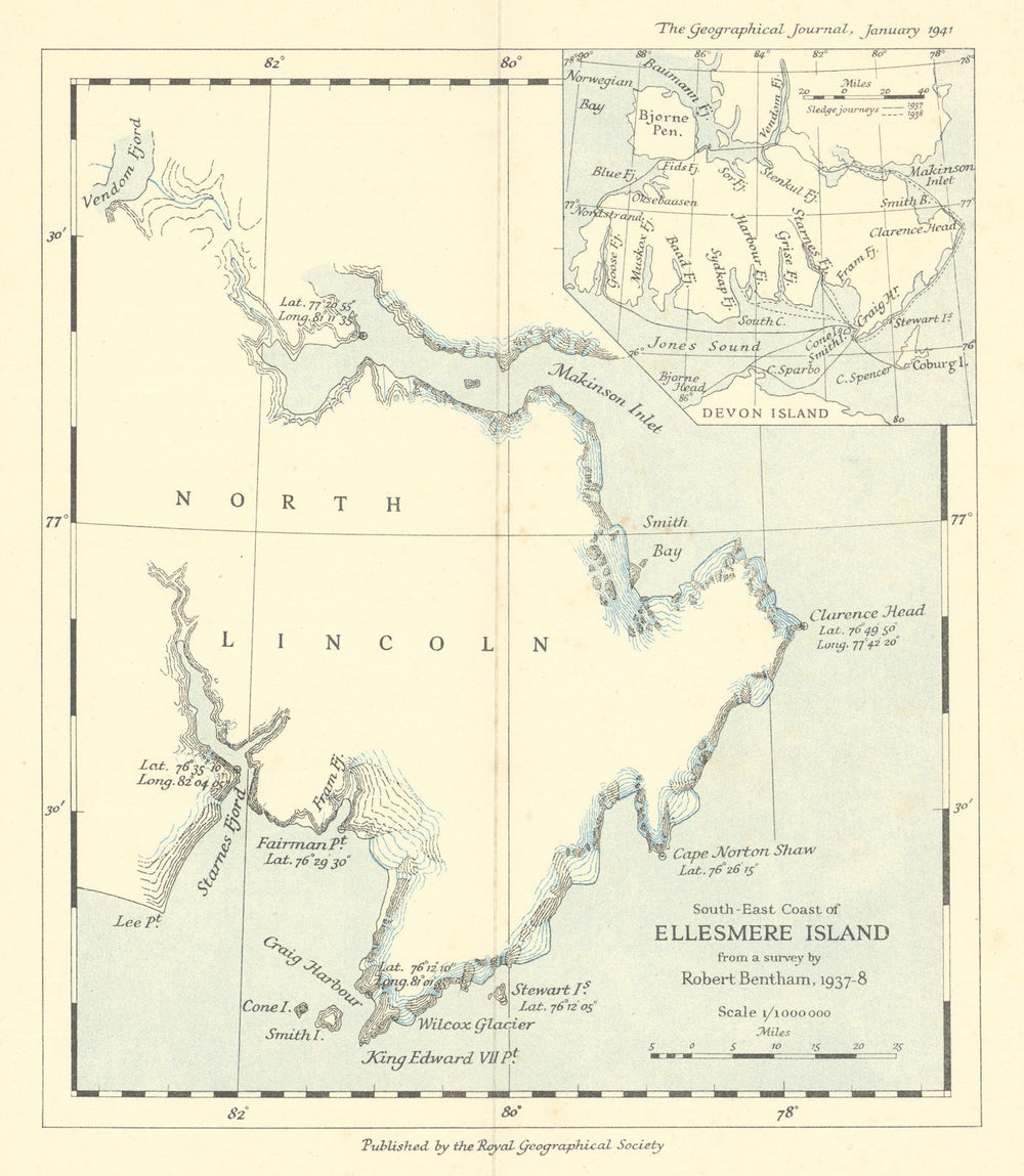 Ellesmere Island SE coast 1937-8. Canadian Arctic. RGS/Robert Bentham 1941 map
