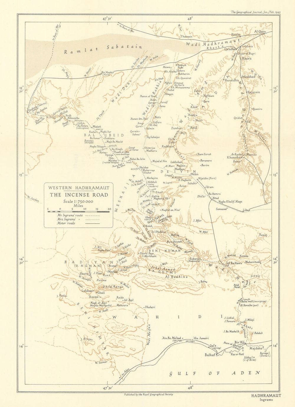 Western Hadhramaut: The Incense Road. Yemen. RGS/William Harold Ingrams 1945 map