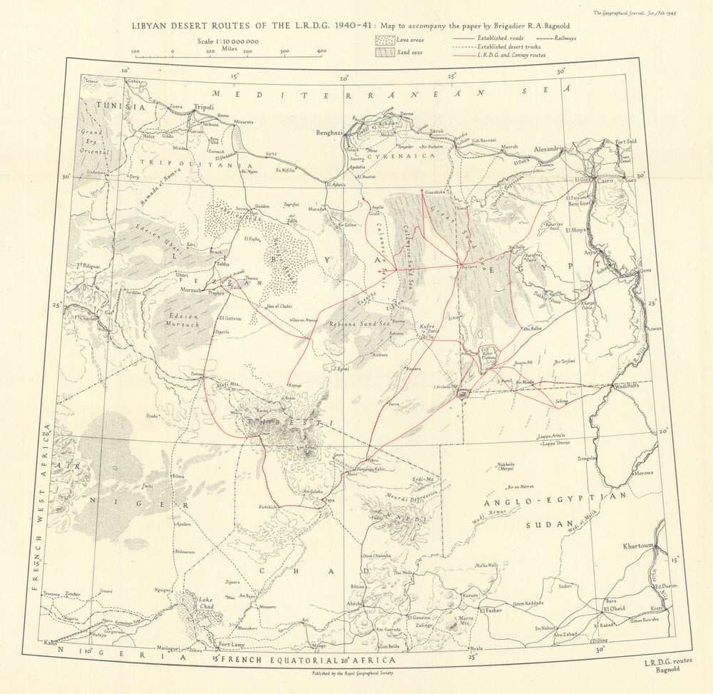 Long Range Desert Group. Libya Egypt Routes 1940-41 WW2 RGS/Bagnold 1945 map