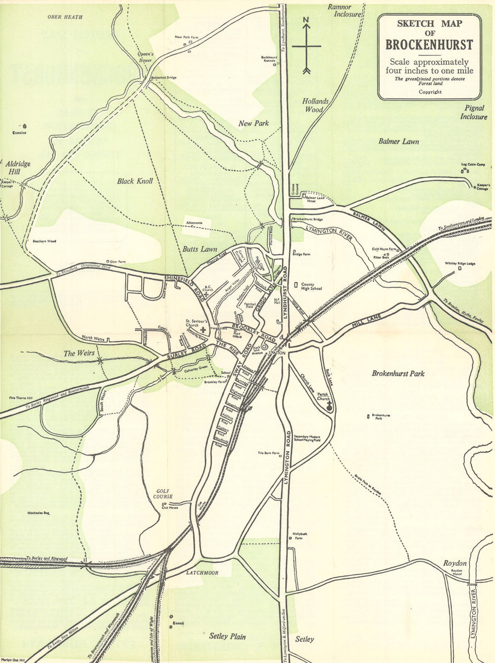 Sketch map of Brockenhurst, New Forest, Hampshire c1965 old vintage chart