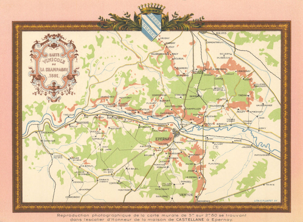 Carte Vinicole de Champagne after the Maison de Castellane wall map Epernay 1891