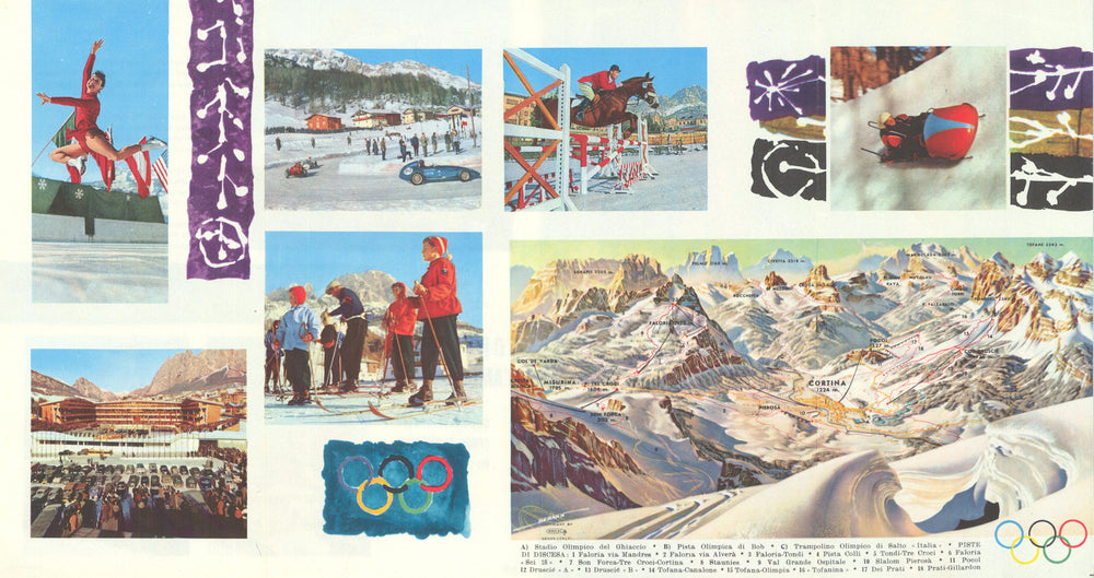 Cortina - Dolomiti Belluno Italia. Panorama & piste map by Heinrich Berann c1956