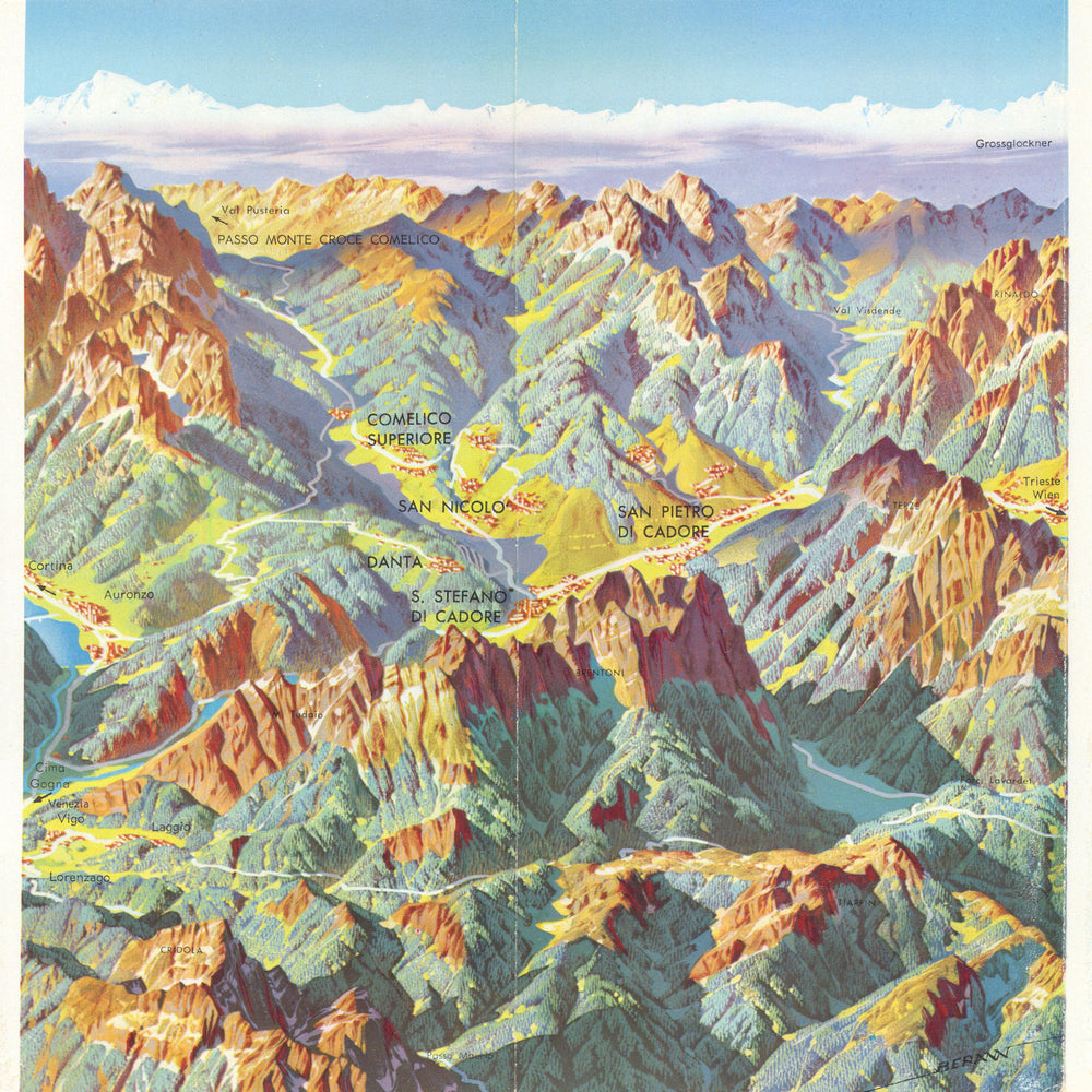 Val Comelico - Alto Cadore (Belluno) panoramic summer/winter maps. Berann c1966