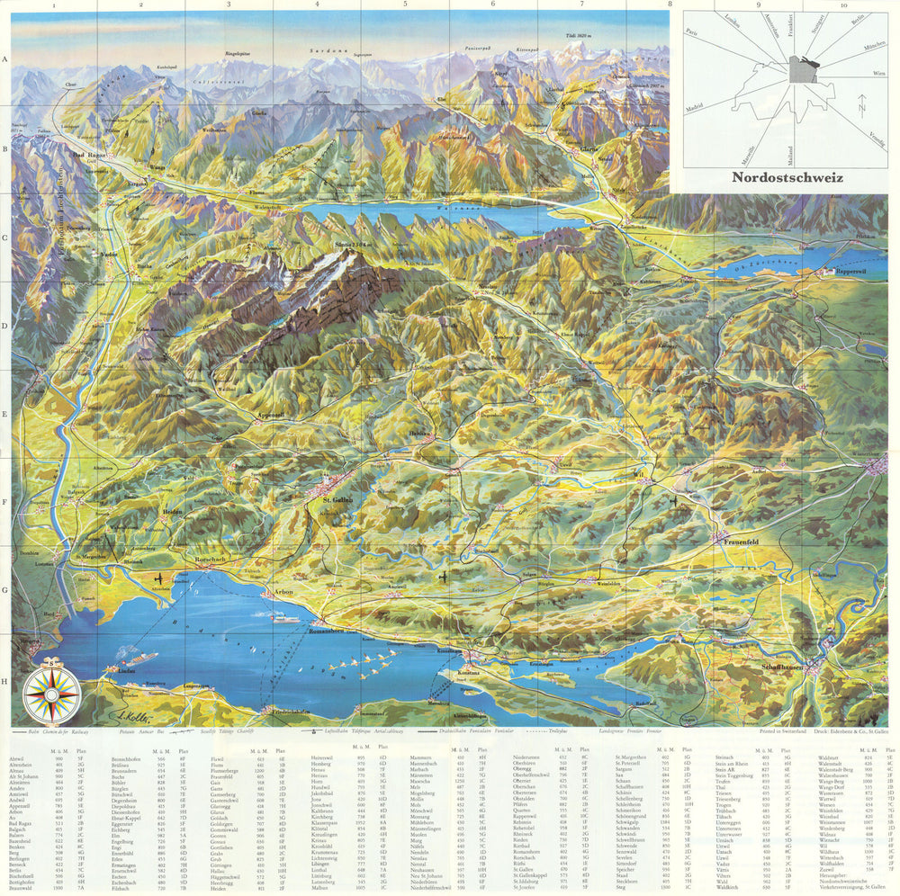 Nordostschweiz  - North-East Switzerland. Panoramic bird's eye view c1965 map
