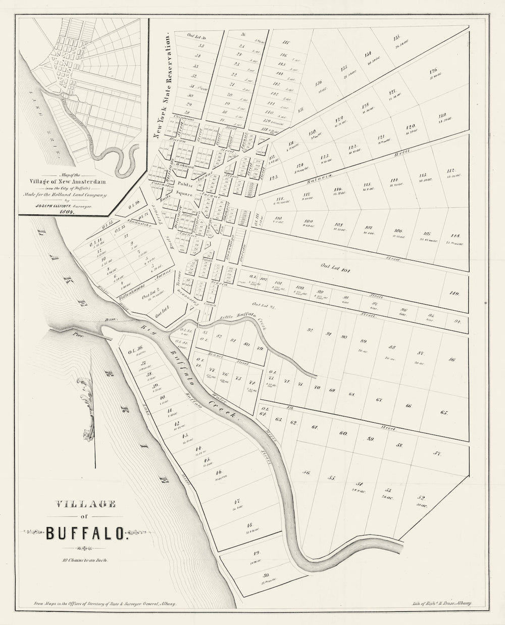 Town/city plan of the "Village of Buffalo", New York, by Richard Pease 1849 map
