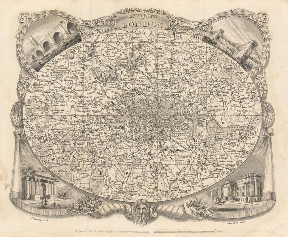 London environs antique map by Thomas Moule 1837 old plan chart