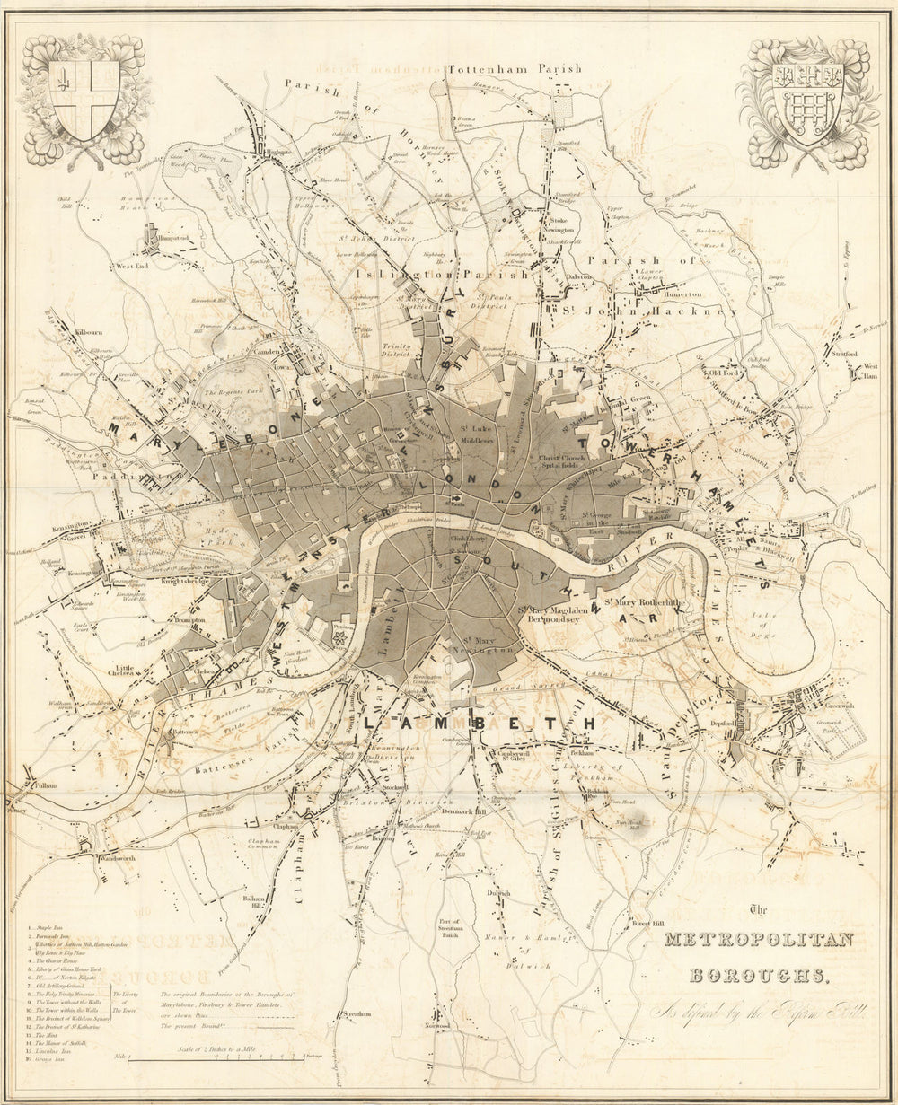 London Metropolitan Boroughs as defined by the Reform Bill. Moule 1837 old map