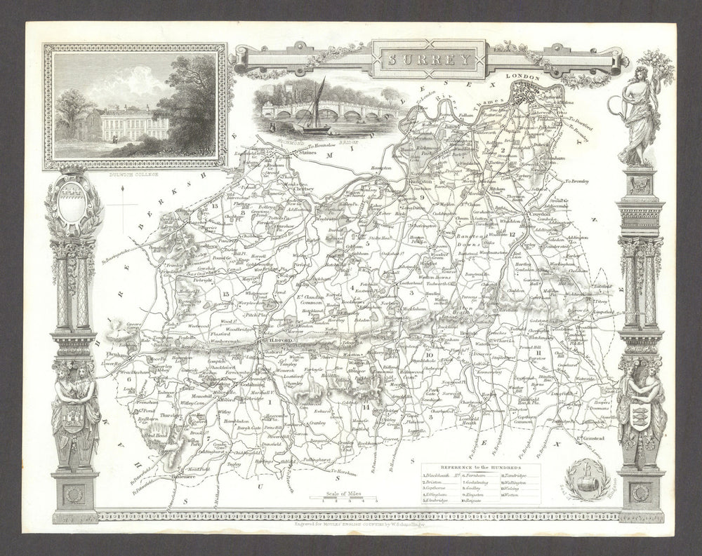 Surrey antique county map by Thomas Moule 1837 old plan chart