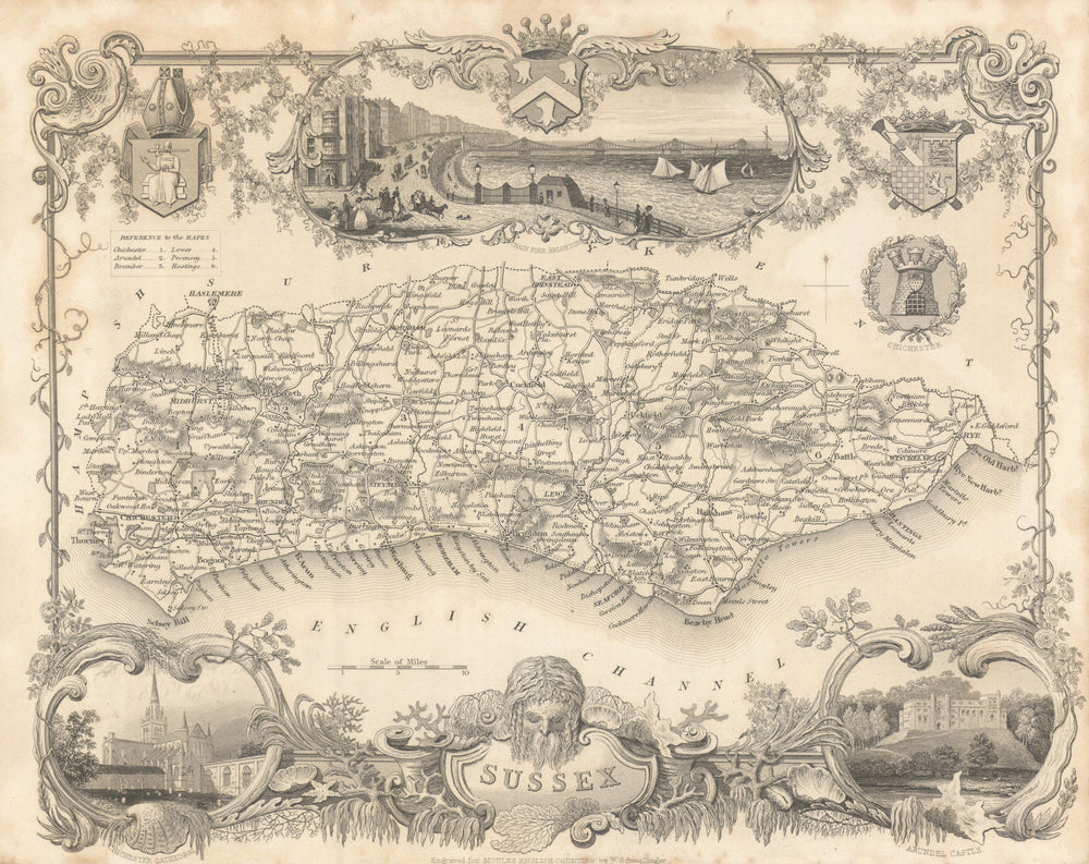 Sussex antique county map by Thomas Moule 1837 old plan chart