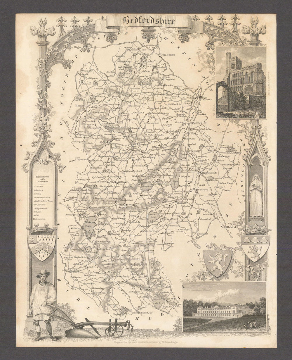Bedfordshire antique county map by Thomas Moule 1837 old chart