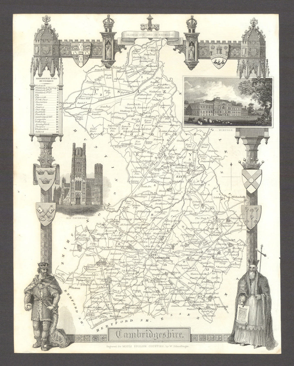 Cambridgeshire antique county map by Thomas Moule 1837 old chart