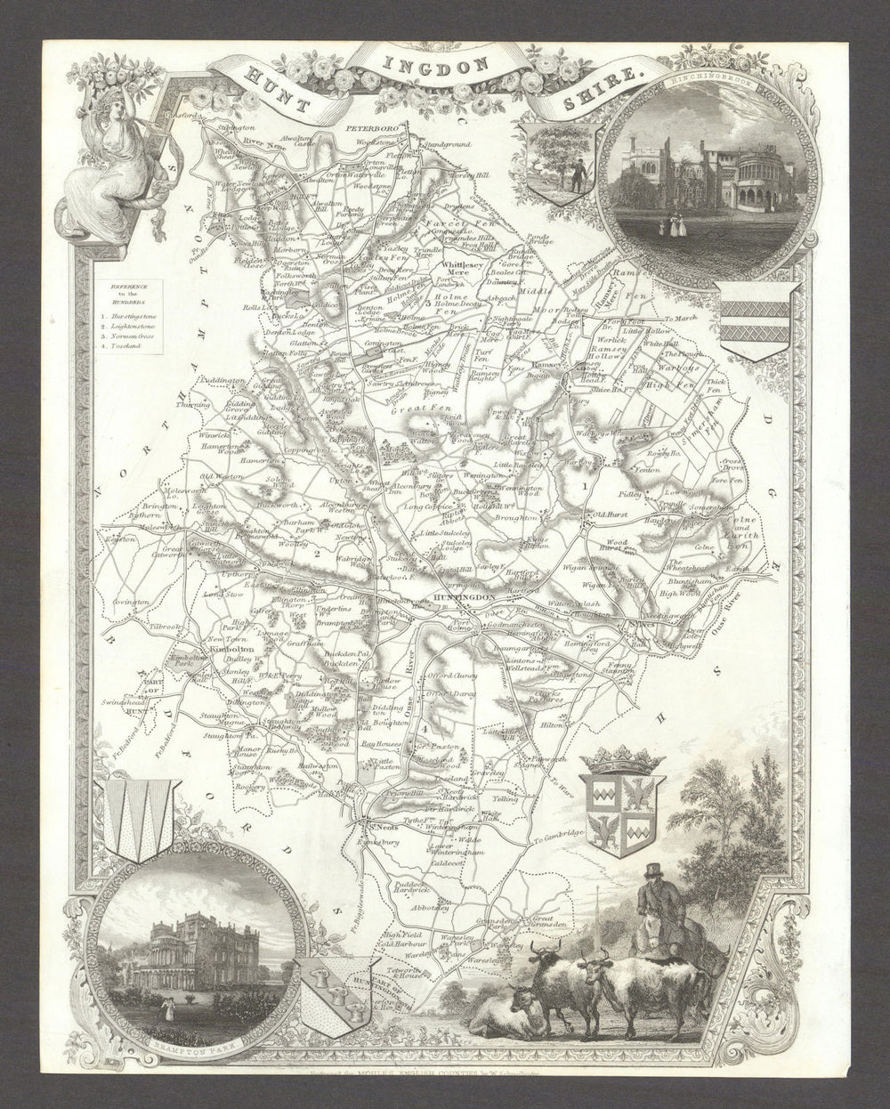 Huntingdonshire antique county map by Thomas Moule 1837 old chart