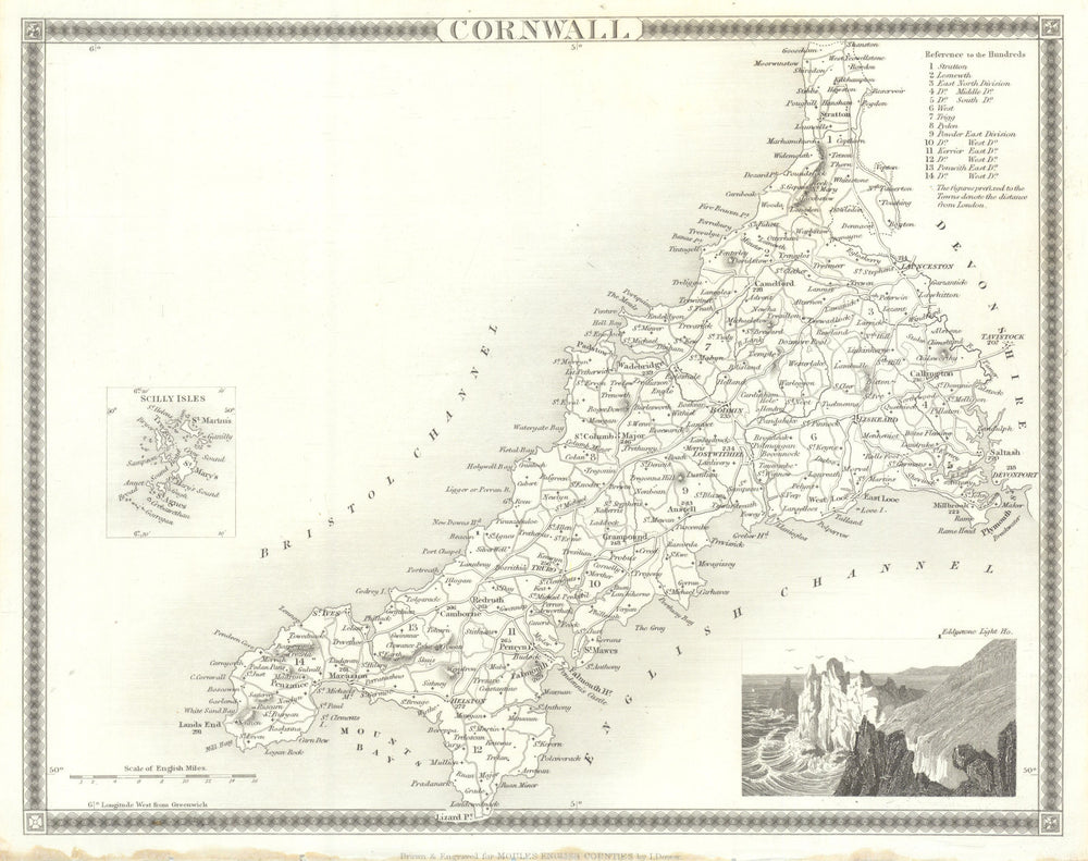 Cornwall antique county map by Thomas Moule 1837 old plan chart