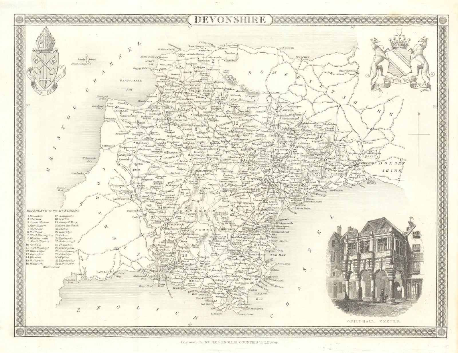 Devonshire antique county map by Thomas Moule 1837 old plan chart ...