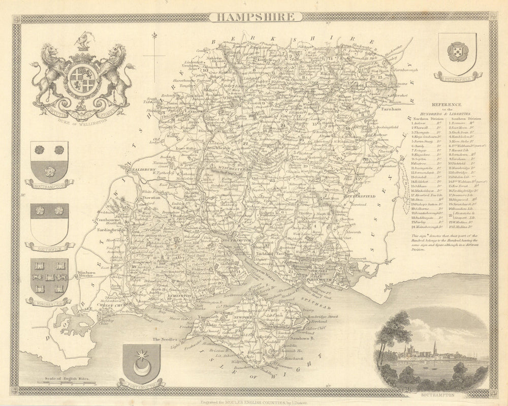 Hampshire antique county map by Thomas Moule 1837 old plan chart