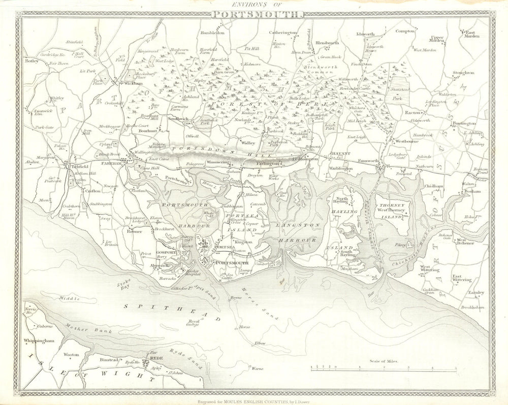 Portsmouth antique town plan by Thomas Moule 1837 old map chart