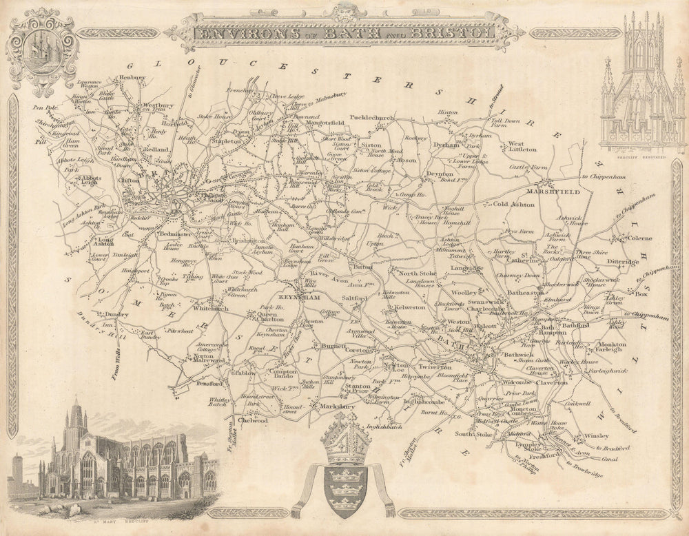 Bath & Bristol environs antique map by Thomas Moule 1837 old chart