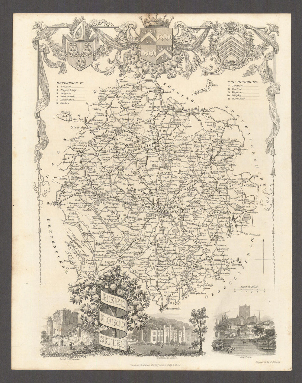 Herefordshire antique county map by Thomas Moule 1837 old chart