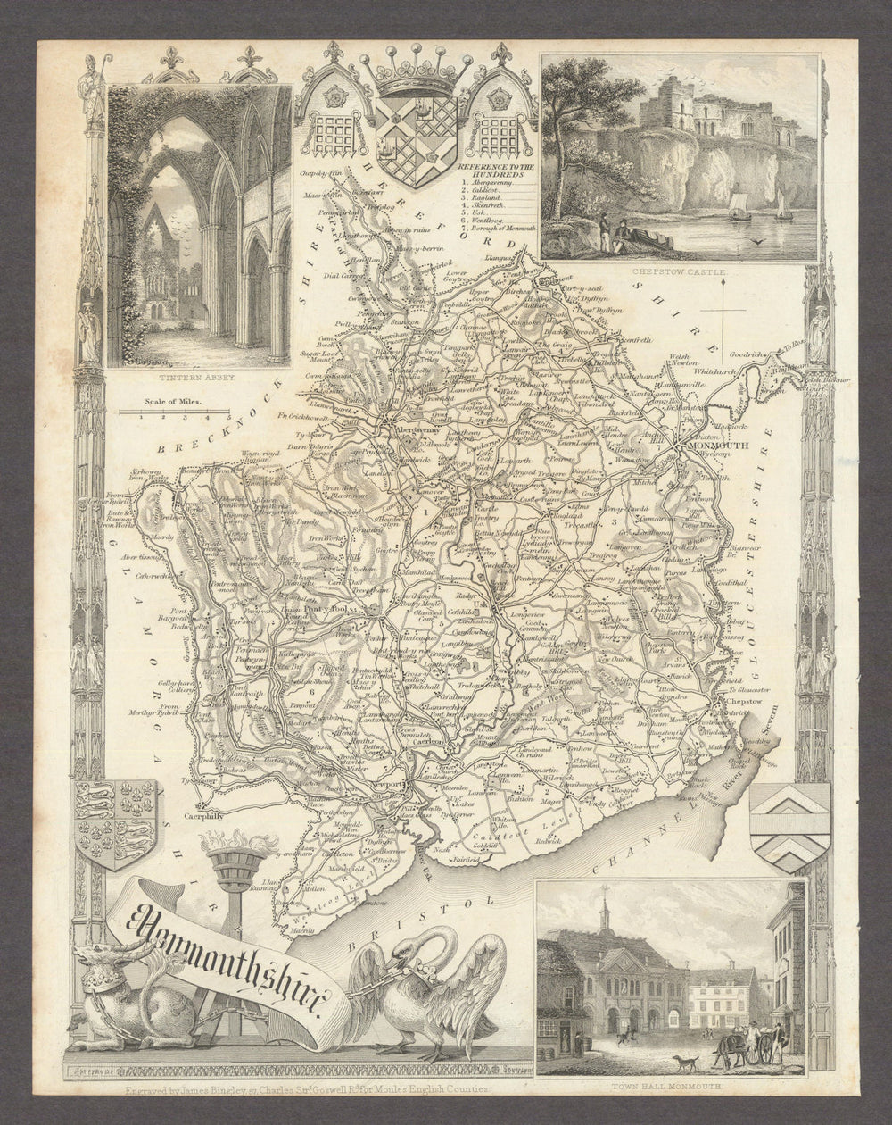Monmouthshire antique county map by Thomas Moule 1837 old chart