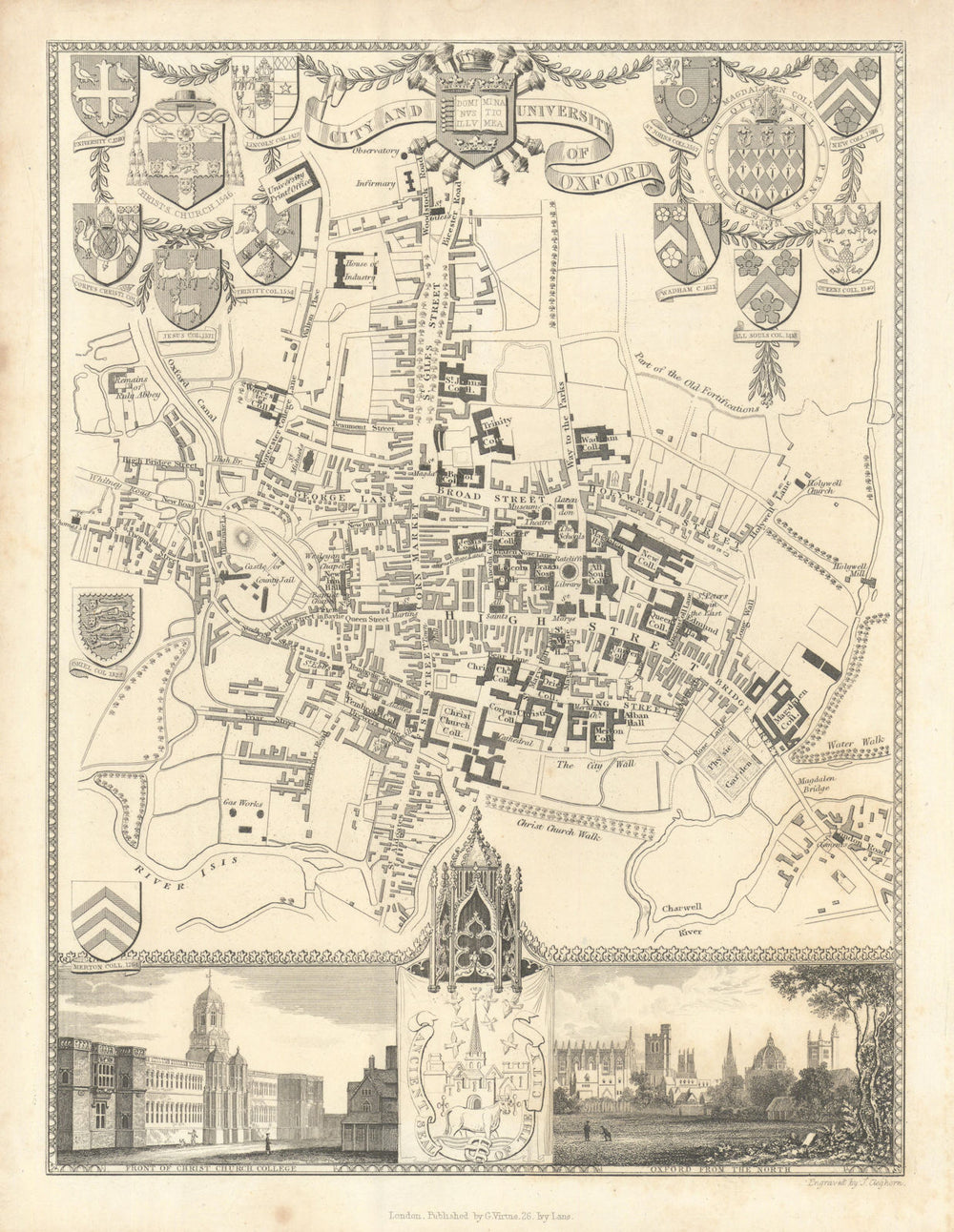 City & University of Oxford antique town plan by Thomas Moule 1837 old map