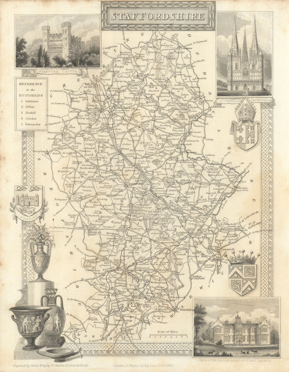 Staffordshire antique county map by Thomas Moule 1837 old chart
