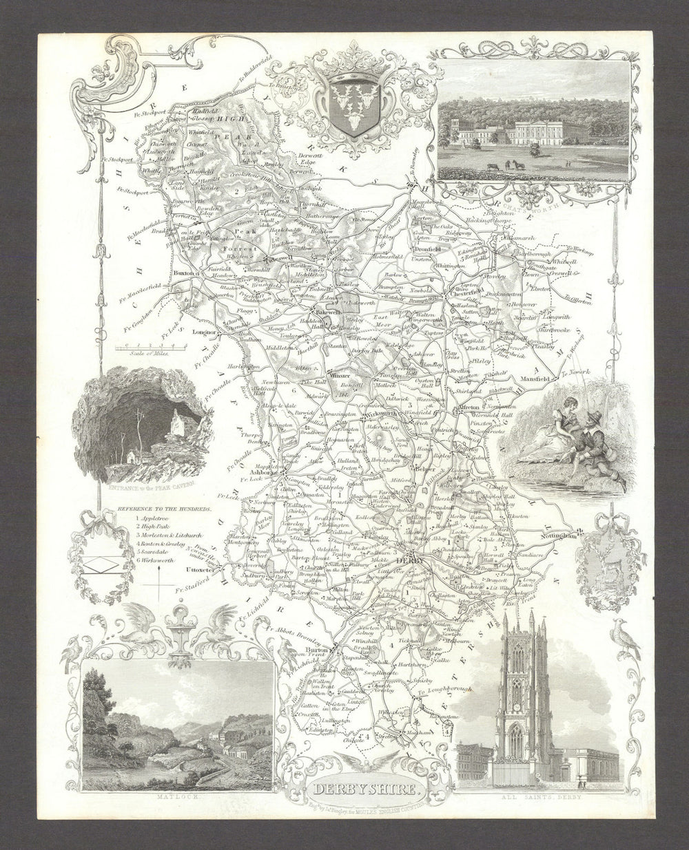 Derbyshire antique county map by Thomas Moule 1837 old plan chart