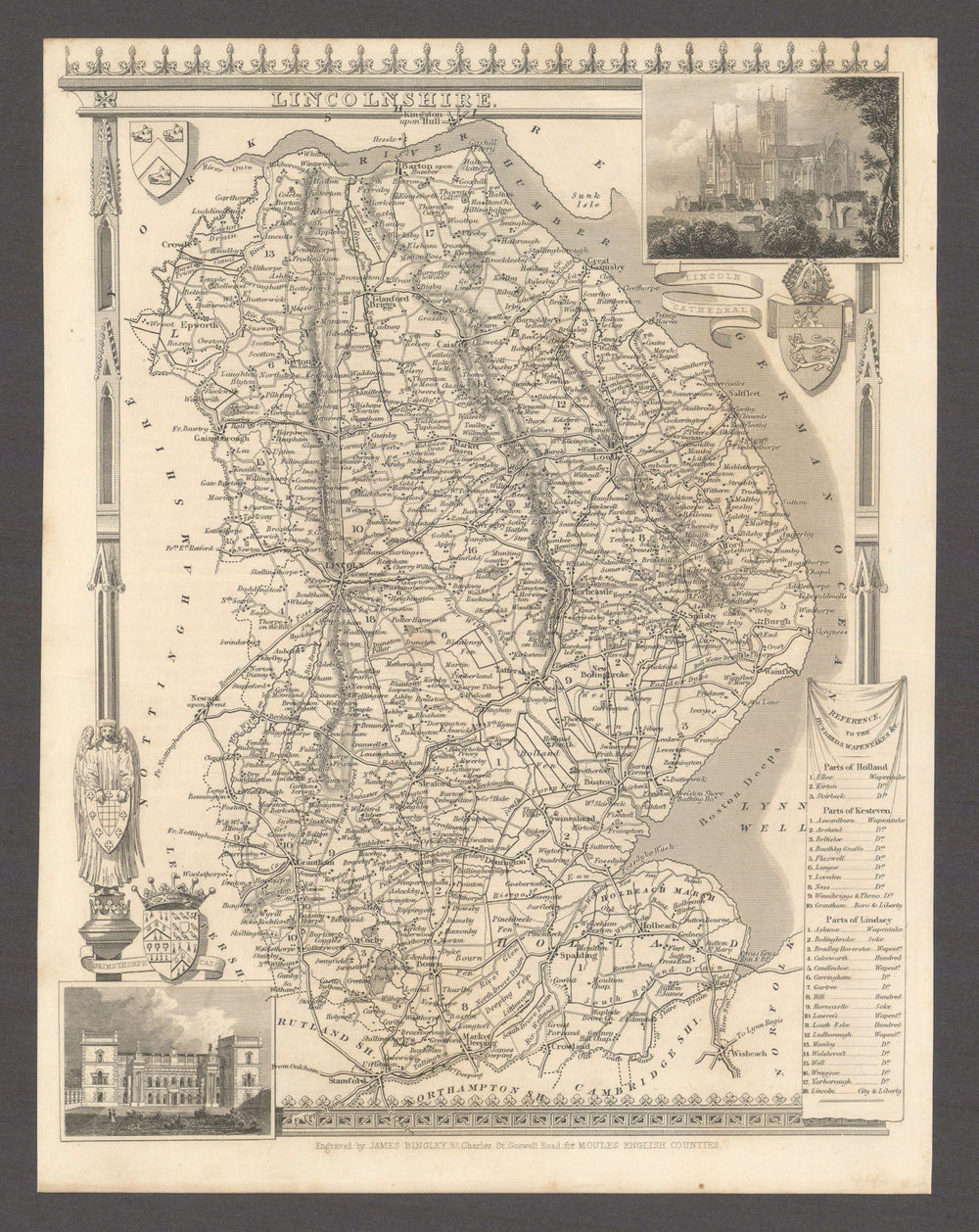 Lincolnshire antique county map by Thomas Moule 1837 old chart