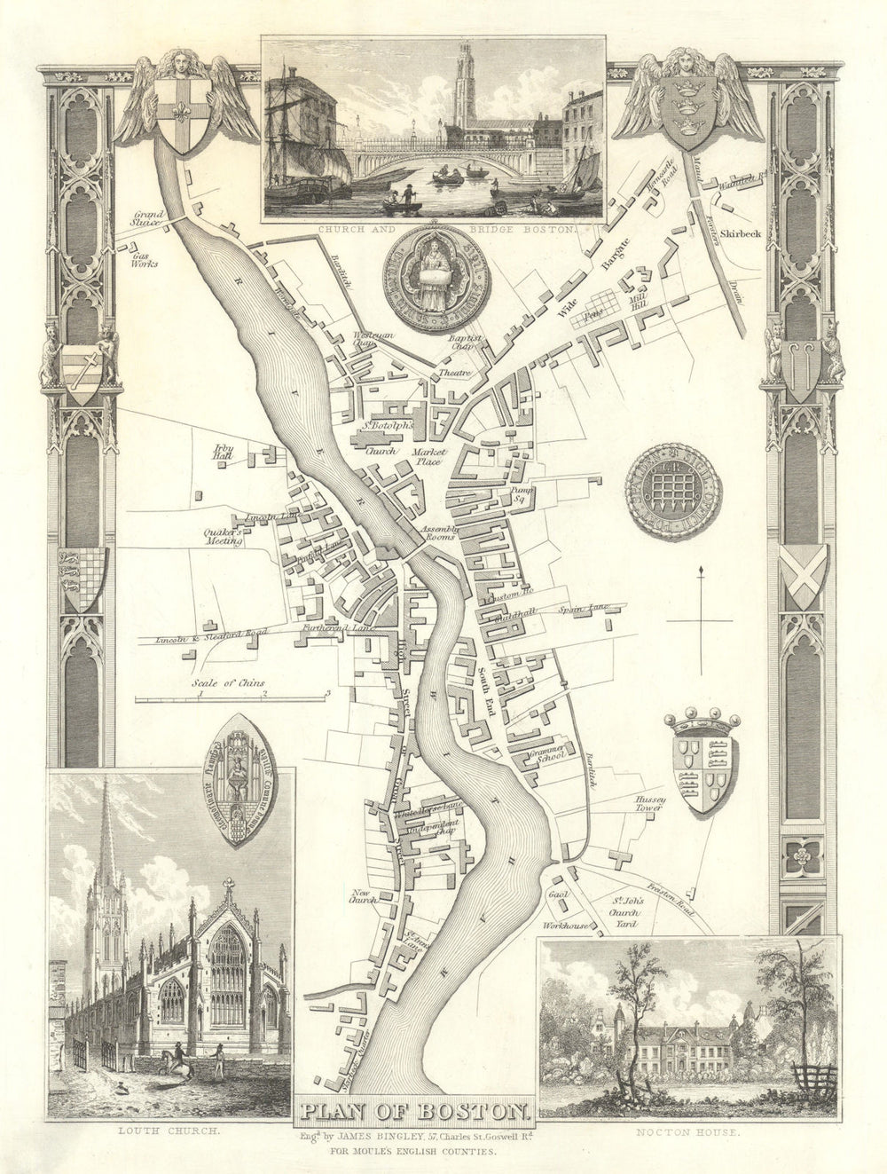 Boston, Lincolnshire antique town plan by Thomas Moule 1837 old map