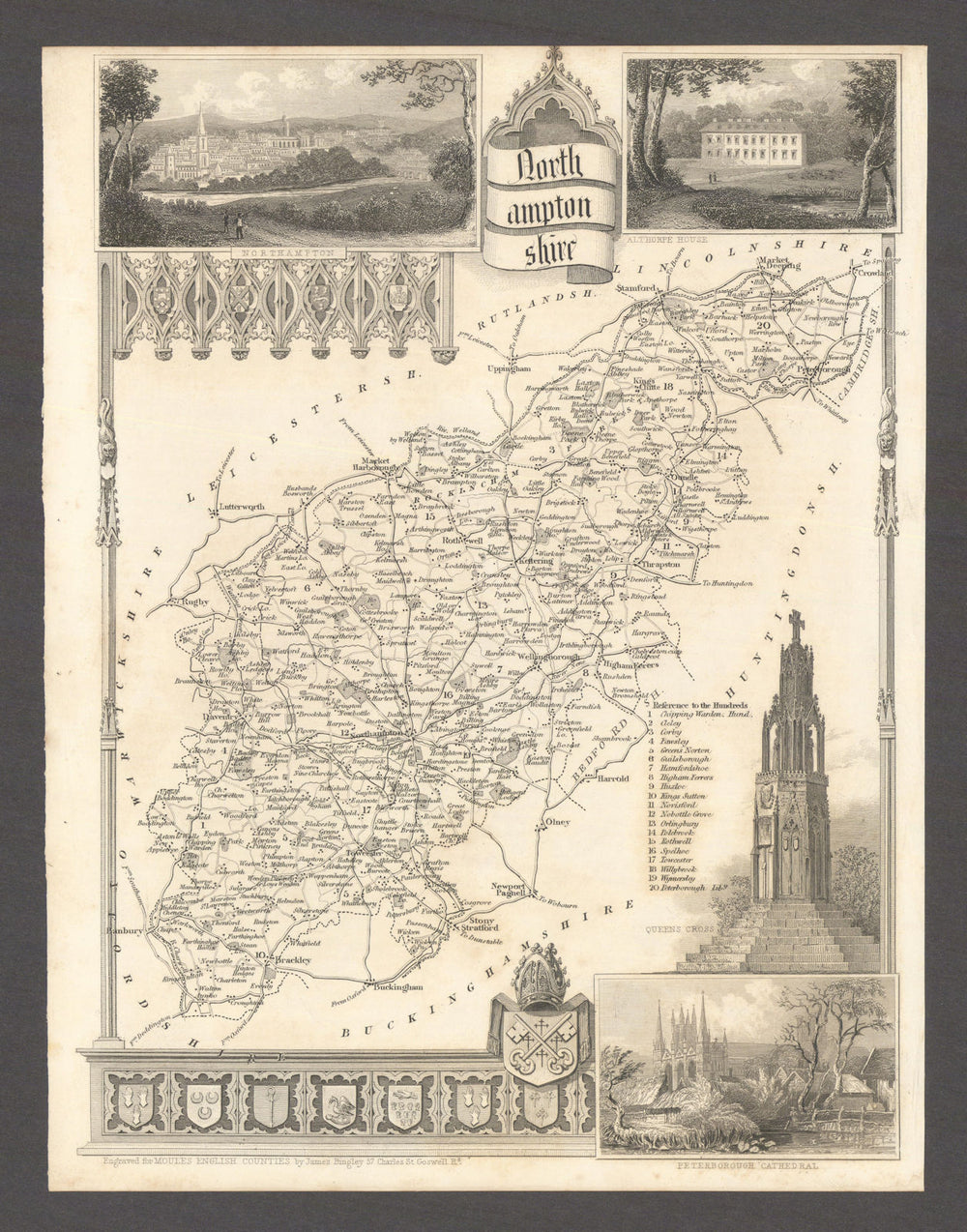 Northamptonshire antique county map by Thomas Moule 1837 old chart